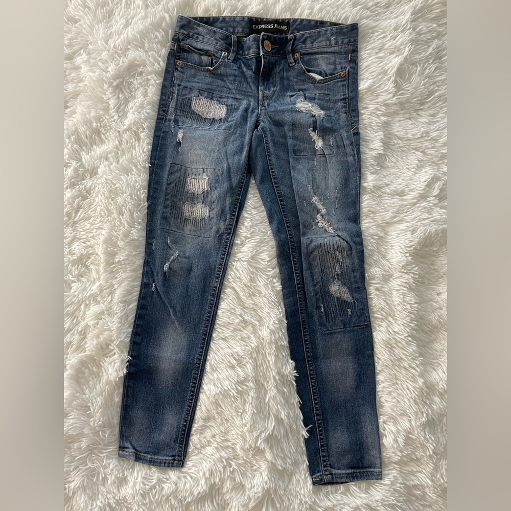 Express Distressed Skinny Jeans - Medium Blue
